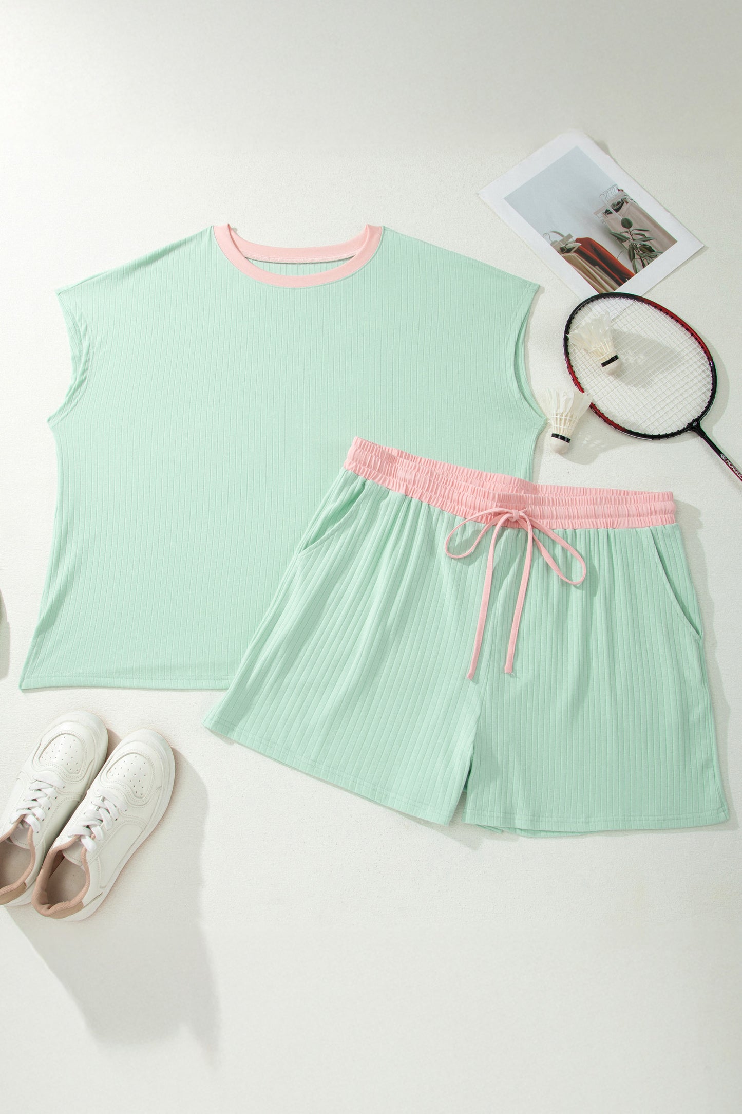 Ribbed Color Block Trim Drawstring Shorts 2pcs Set