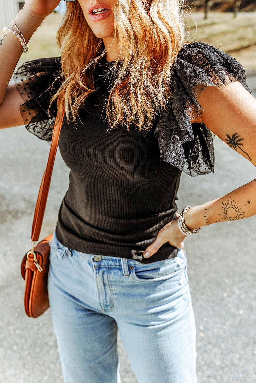 Mesh Ruffle Sleeve Top