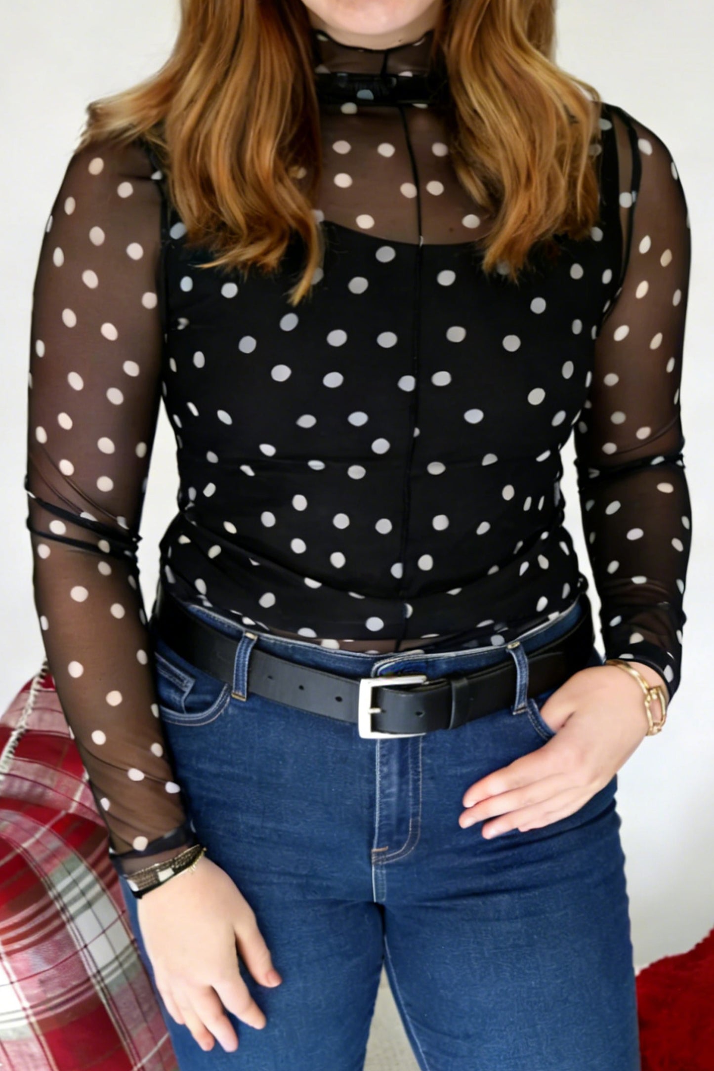 Mock Neck Polka Dot Long Sleeve Mesh Top
