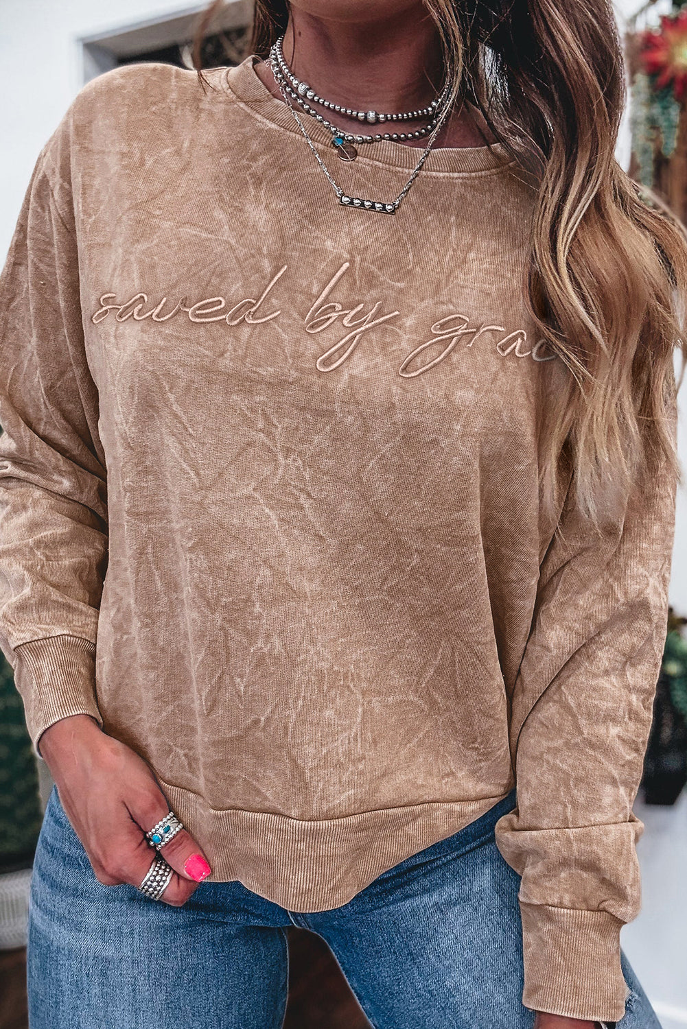 saved by grace Letter Mineral Wash Loose Sweatshirt