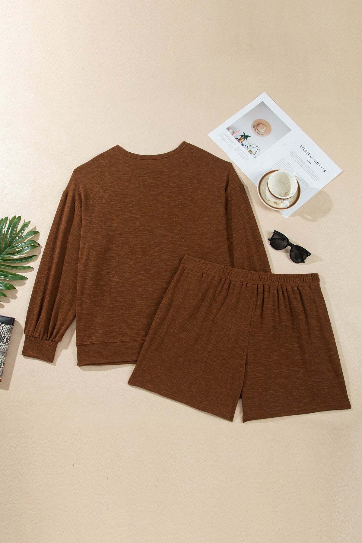 Long Sleeve Top Elastic Waist Shorts Plus Size Set