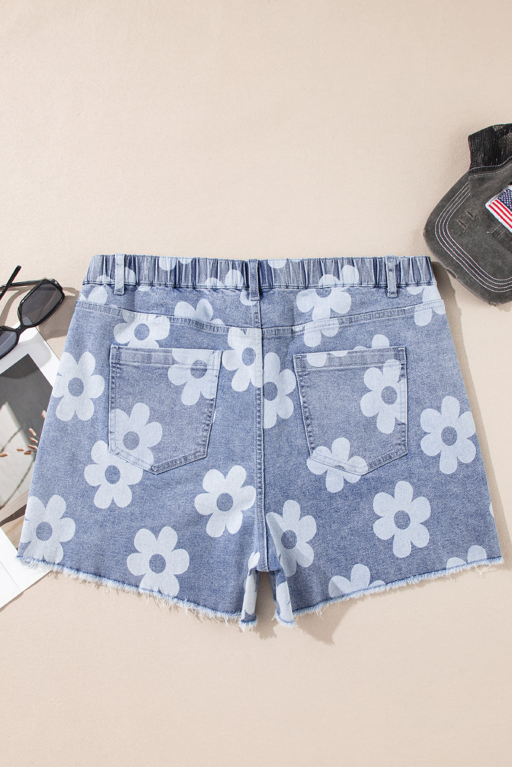 Floral  High Waist Raw Hem Plus Size Denim Shorts