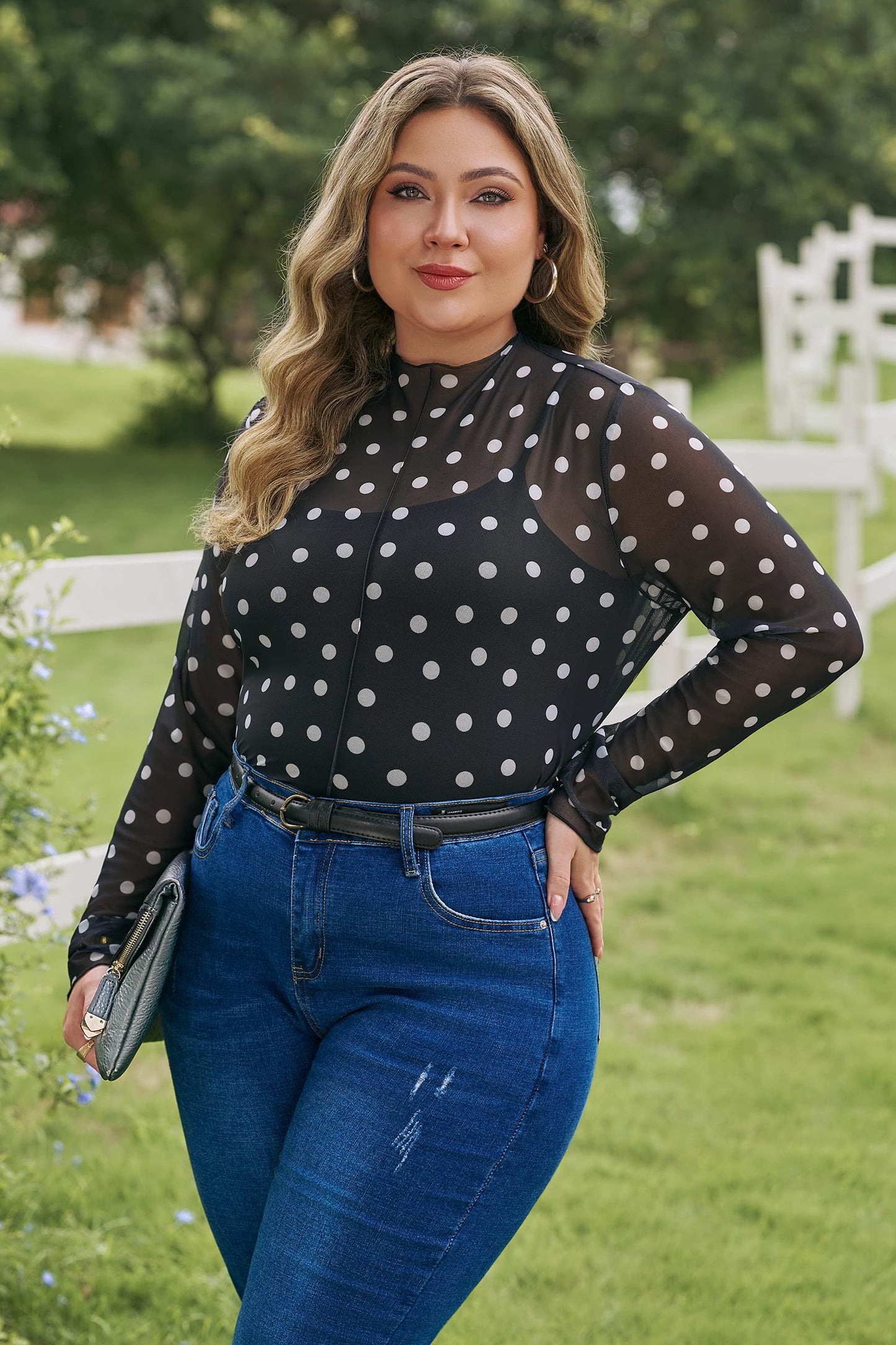 Mock Neck Polka Dot Long Sleeve Mesh Top