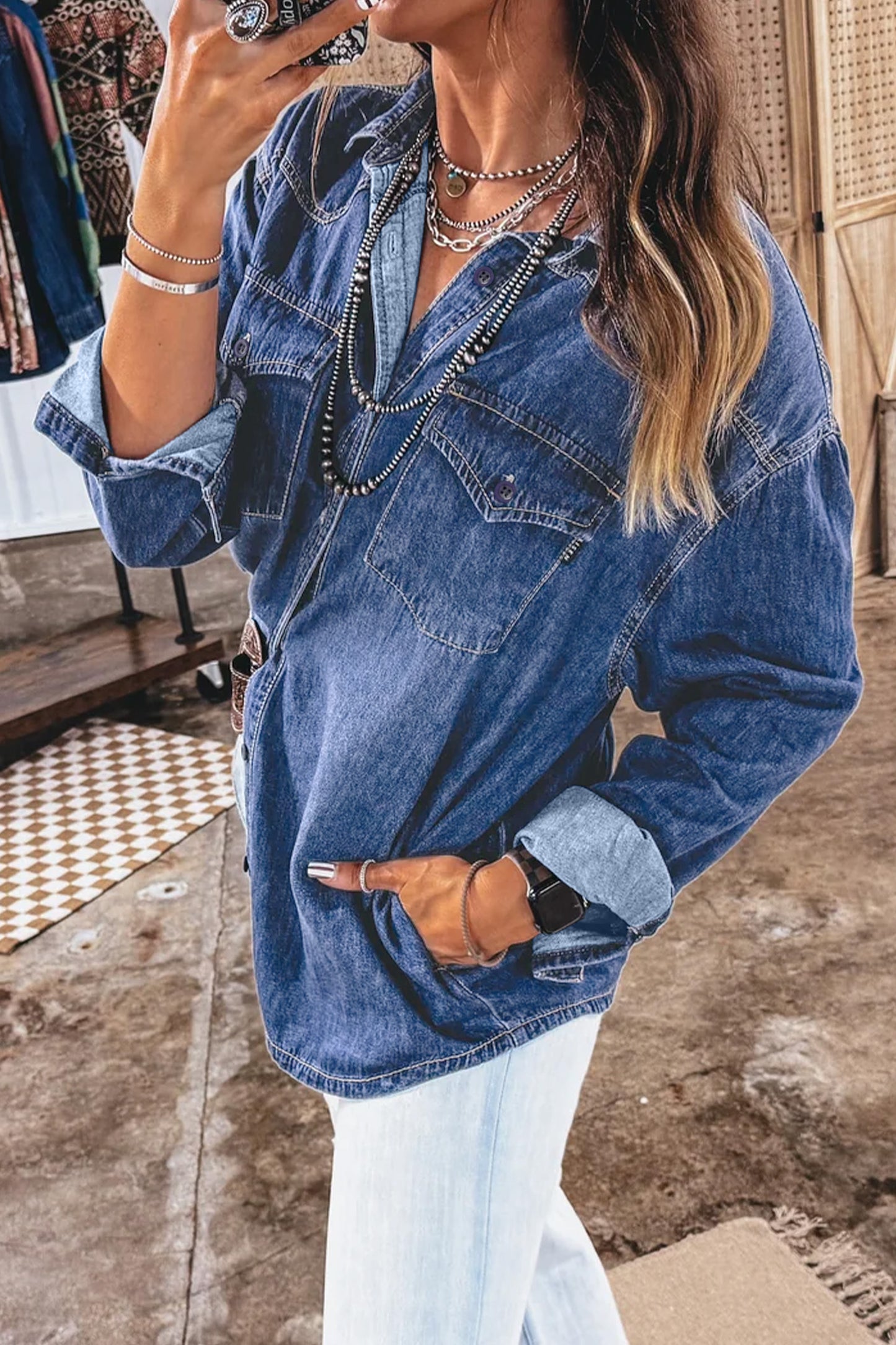 Dark Long Sleeve Denim Shirt