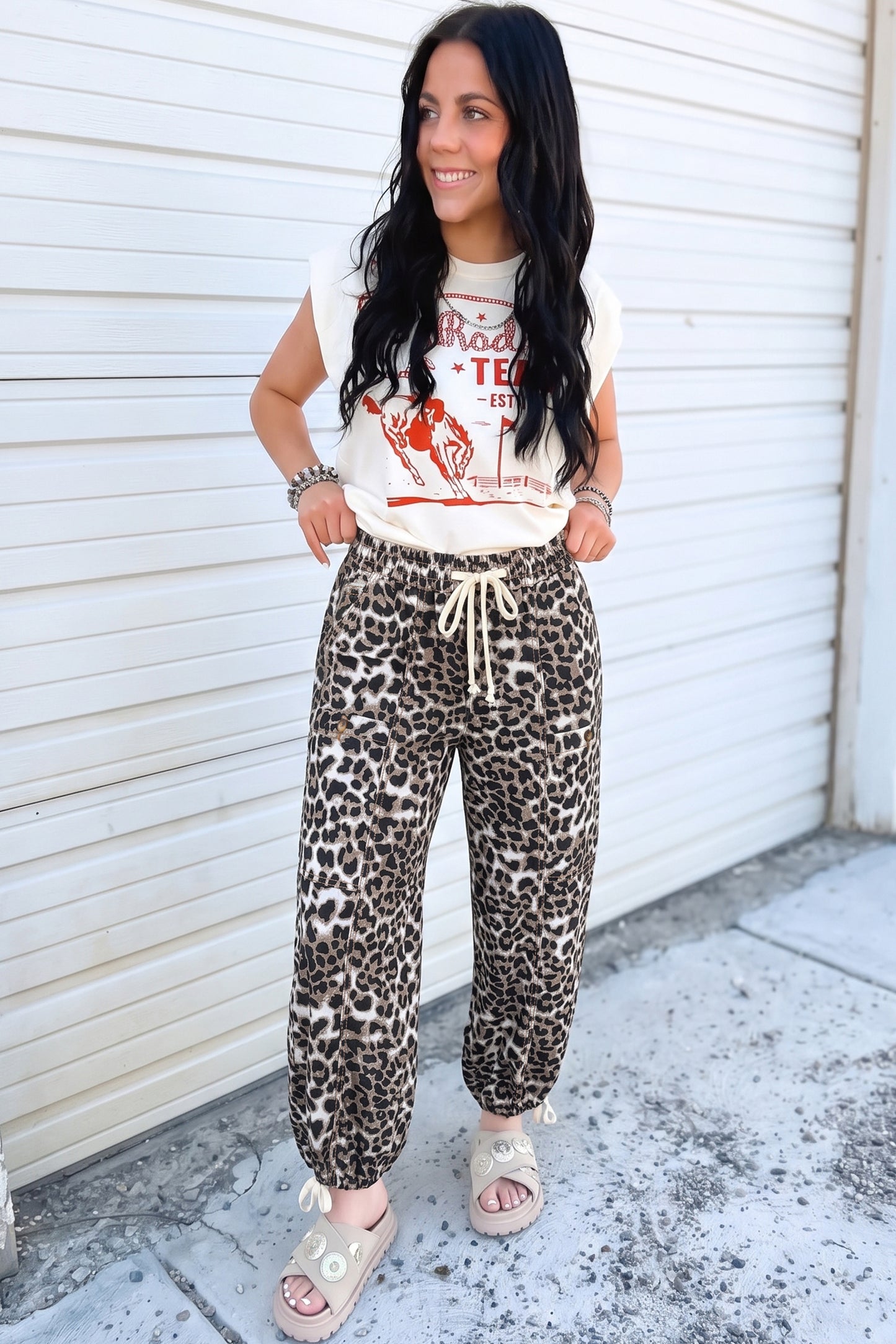 Leopard Print Drawstring Jogger Jeans
