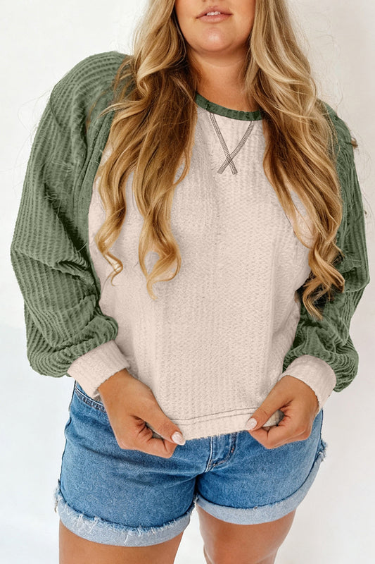Waffled Color Block Long Sleeve Top