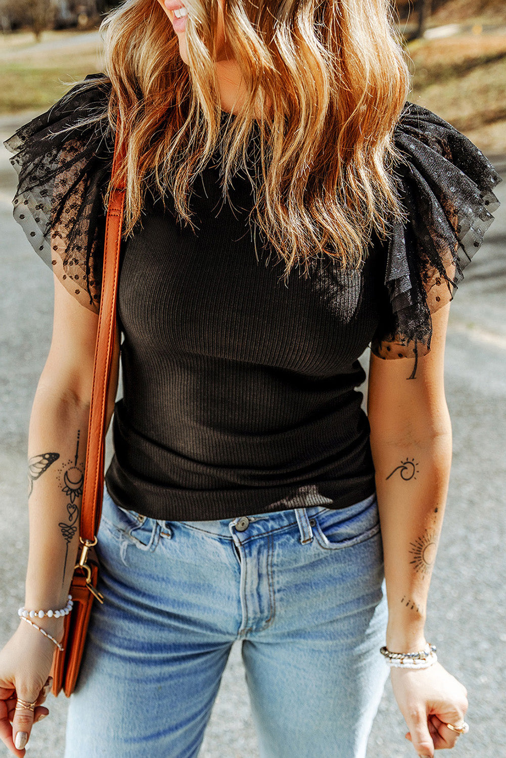 Mesh Ruffle Sleeve Top