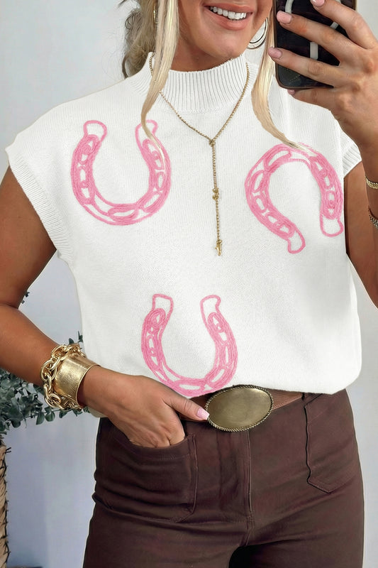 Horseshoes Ribbed Trim Mock Neck Short Sleeve Sweater