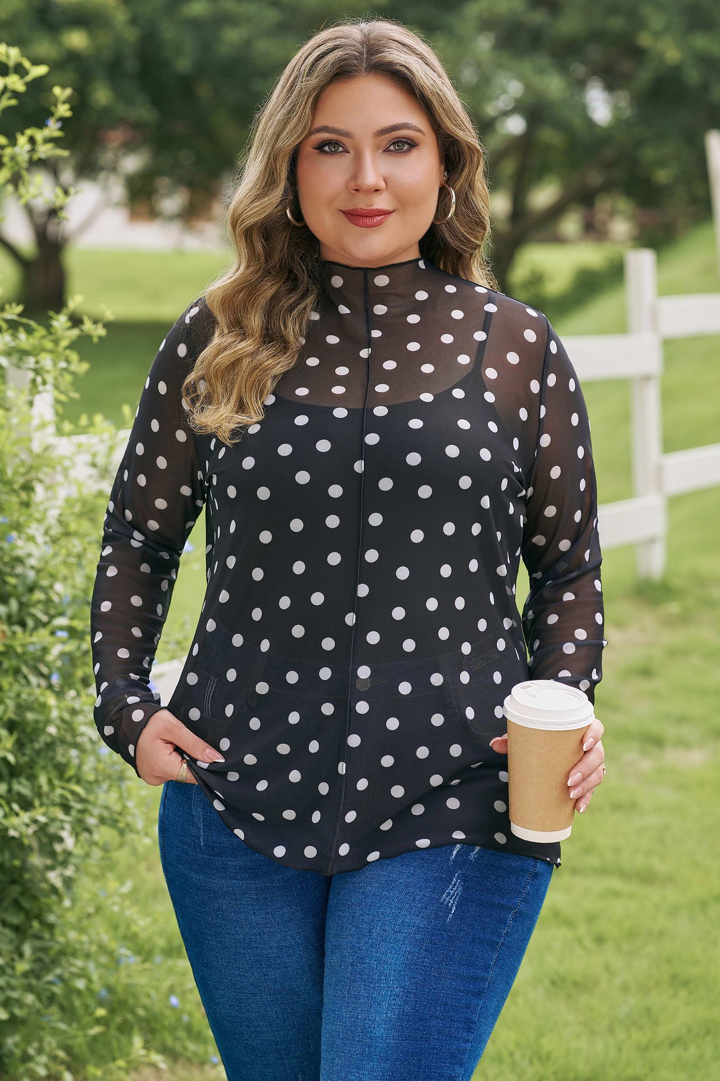 Mock Neck Polka Dot Long Sleeve Mesh Top