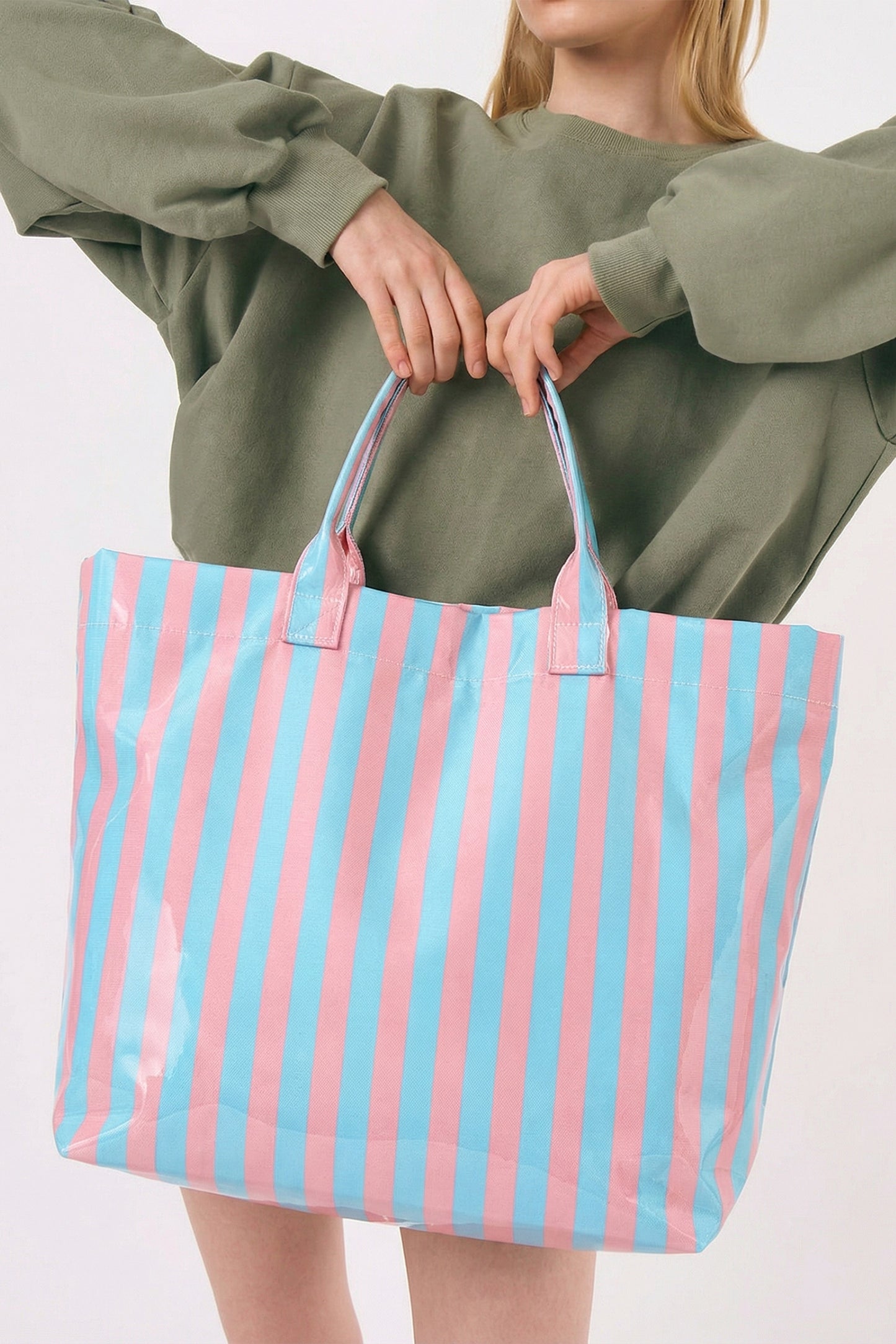 Color black Glossy Striped Vinyl Large Tote Bag (Color Varied)