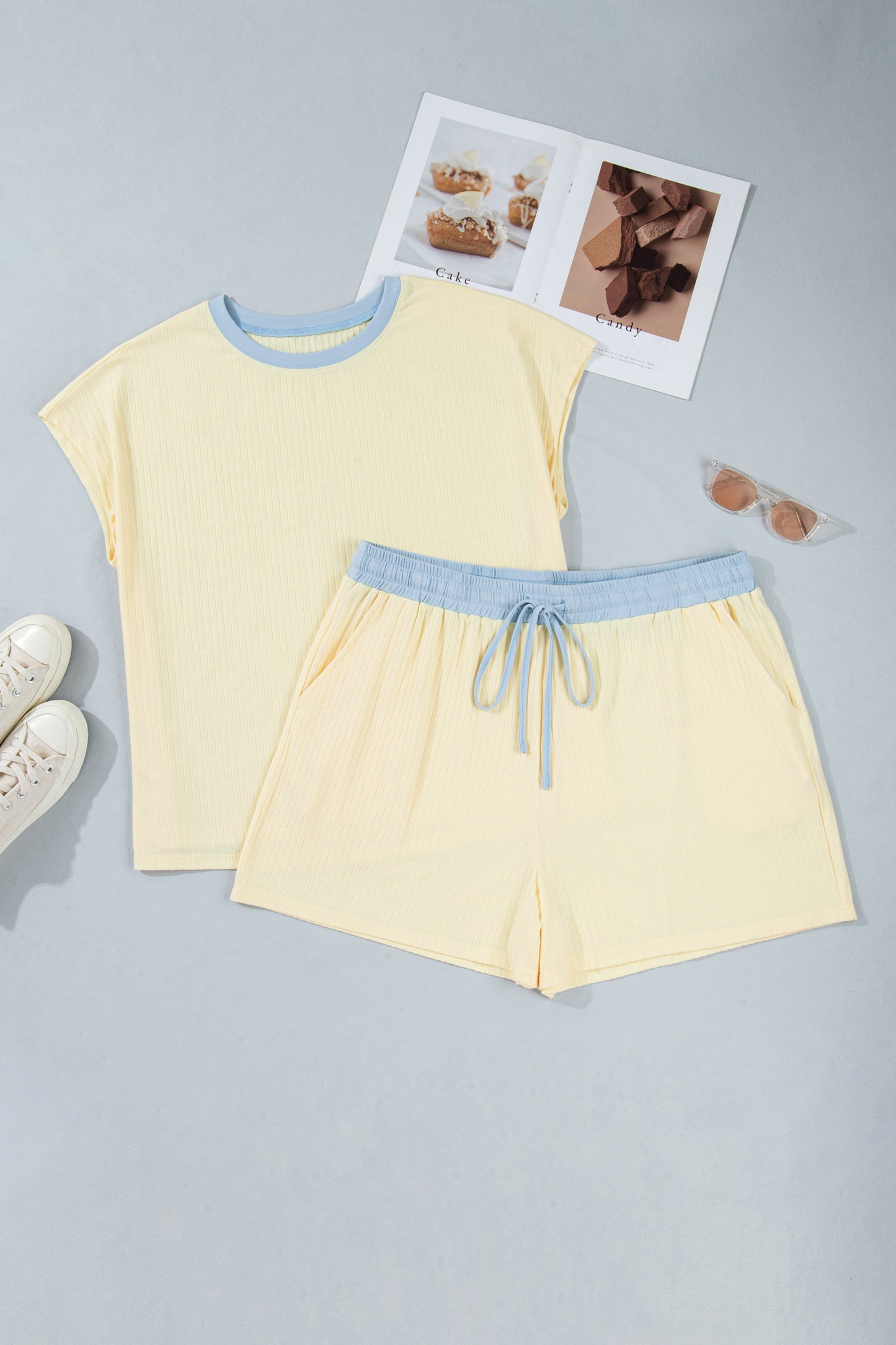 Ribbed Color Block Trim Drawstring Shorts 2pcs Set