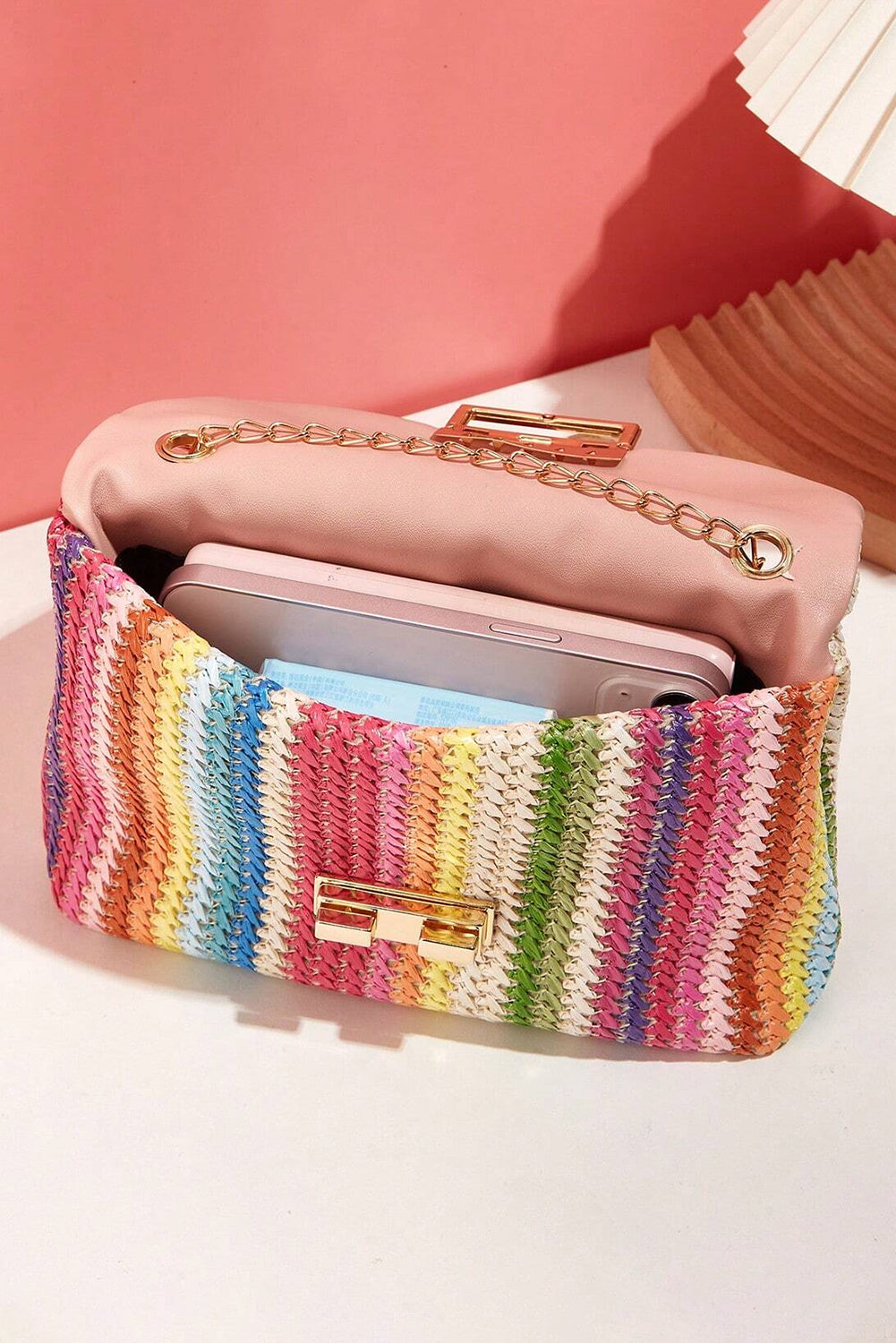 Camel Straw Plaited Gold Chain Clasp Closure Single Shoulder Bag