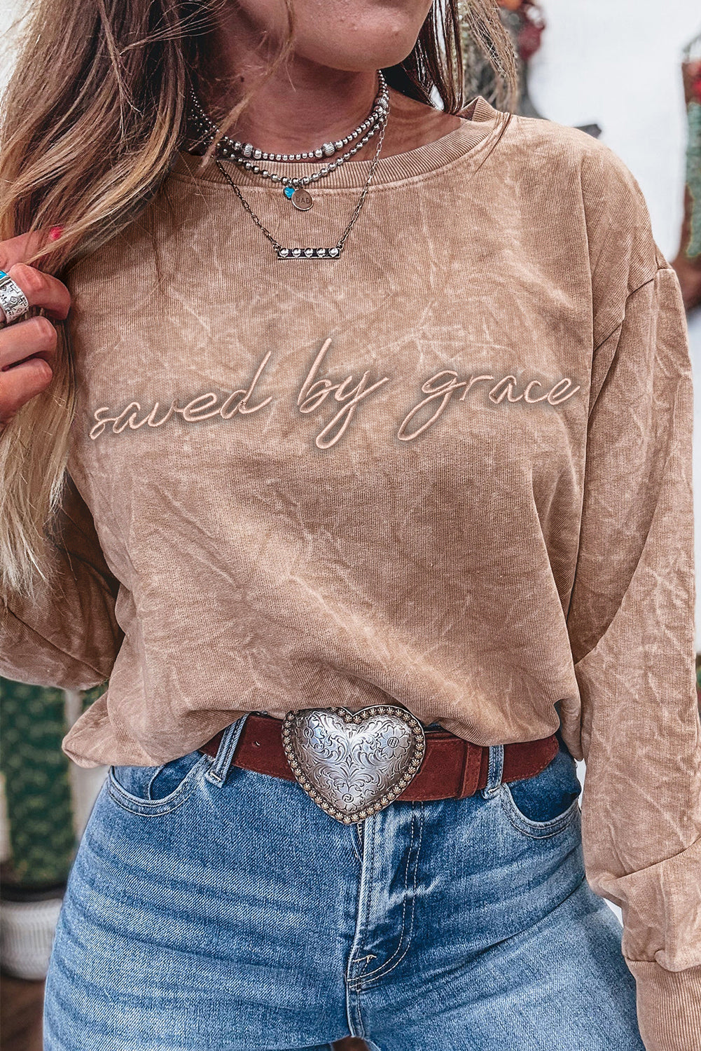saved by grace Letter Mineral Wash Loose Sweatshirt