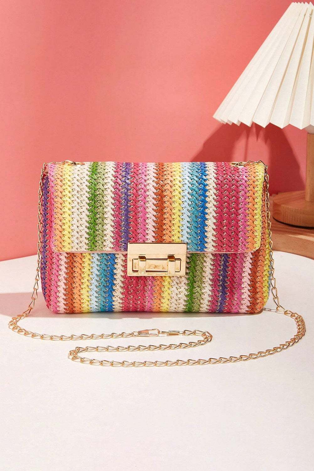 Camel Straw Plaited Gold Chain Clasp Closure Single Shoulder Bag