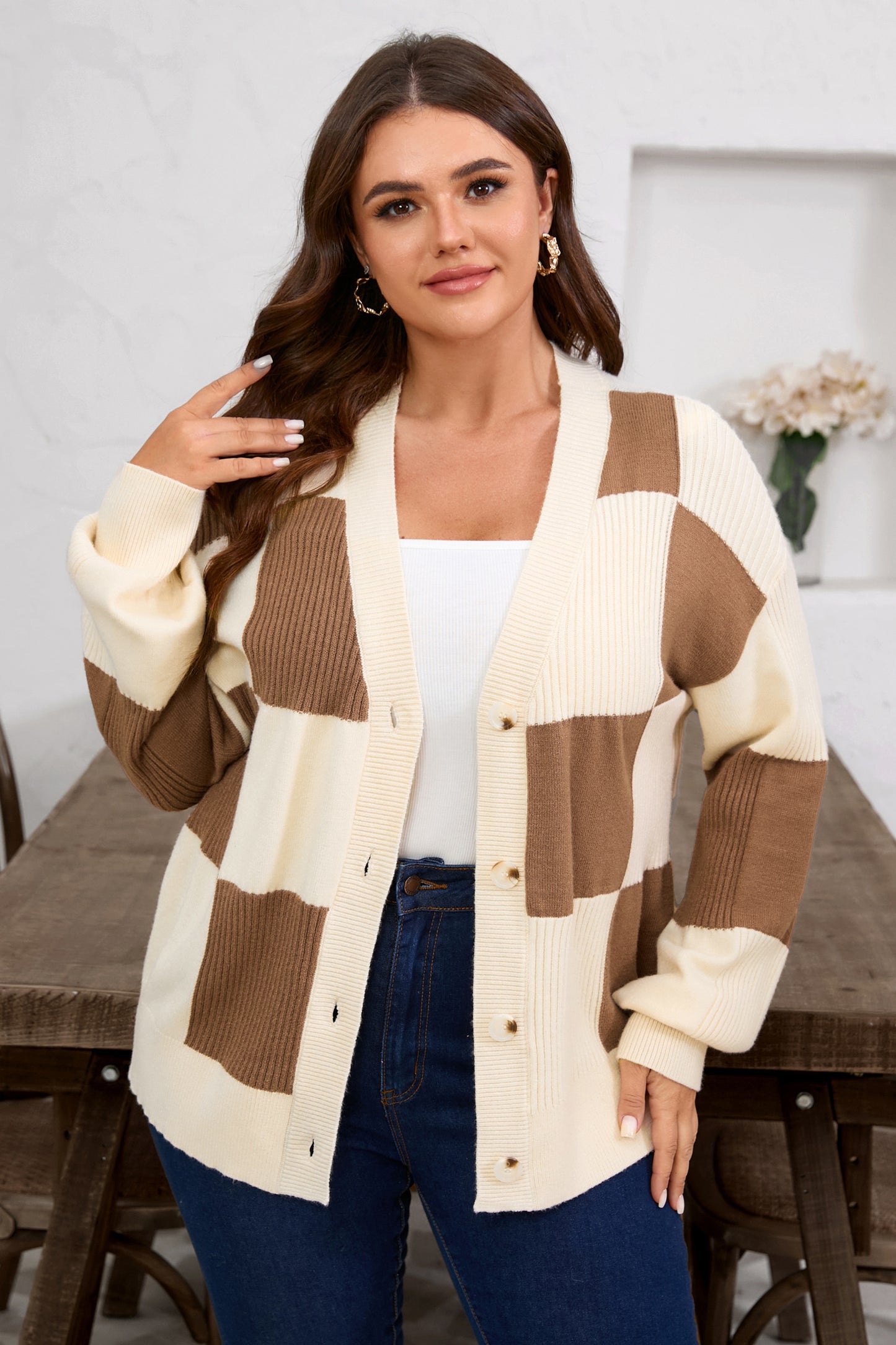 Checkered Ribbed  Cardigan Sweater