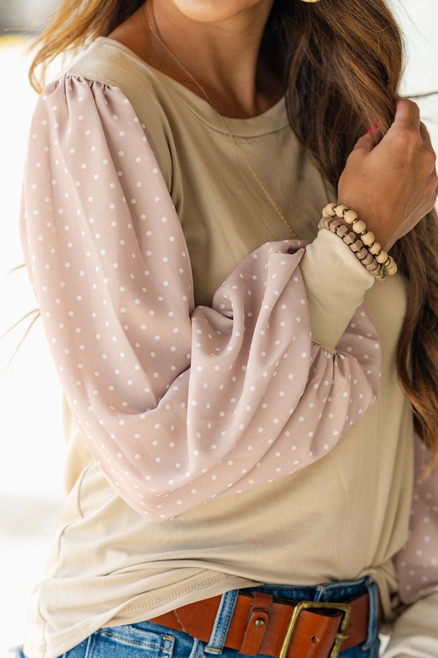 Polka Dot Long Sleeve Round Neck Plus Size Blouse