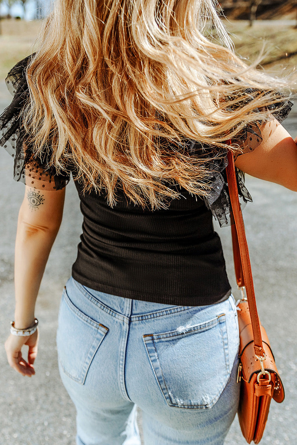 Mesh Ruffle Sleeve Top