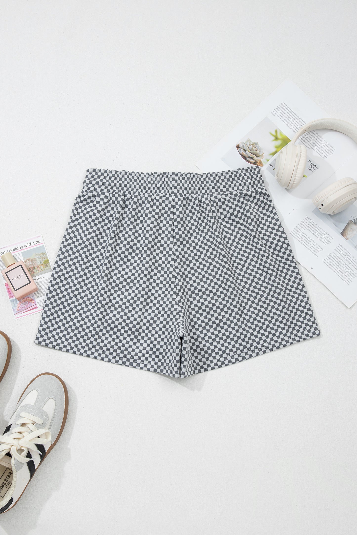 Checkerboard Drawstring  Pocketed Shorts