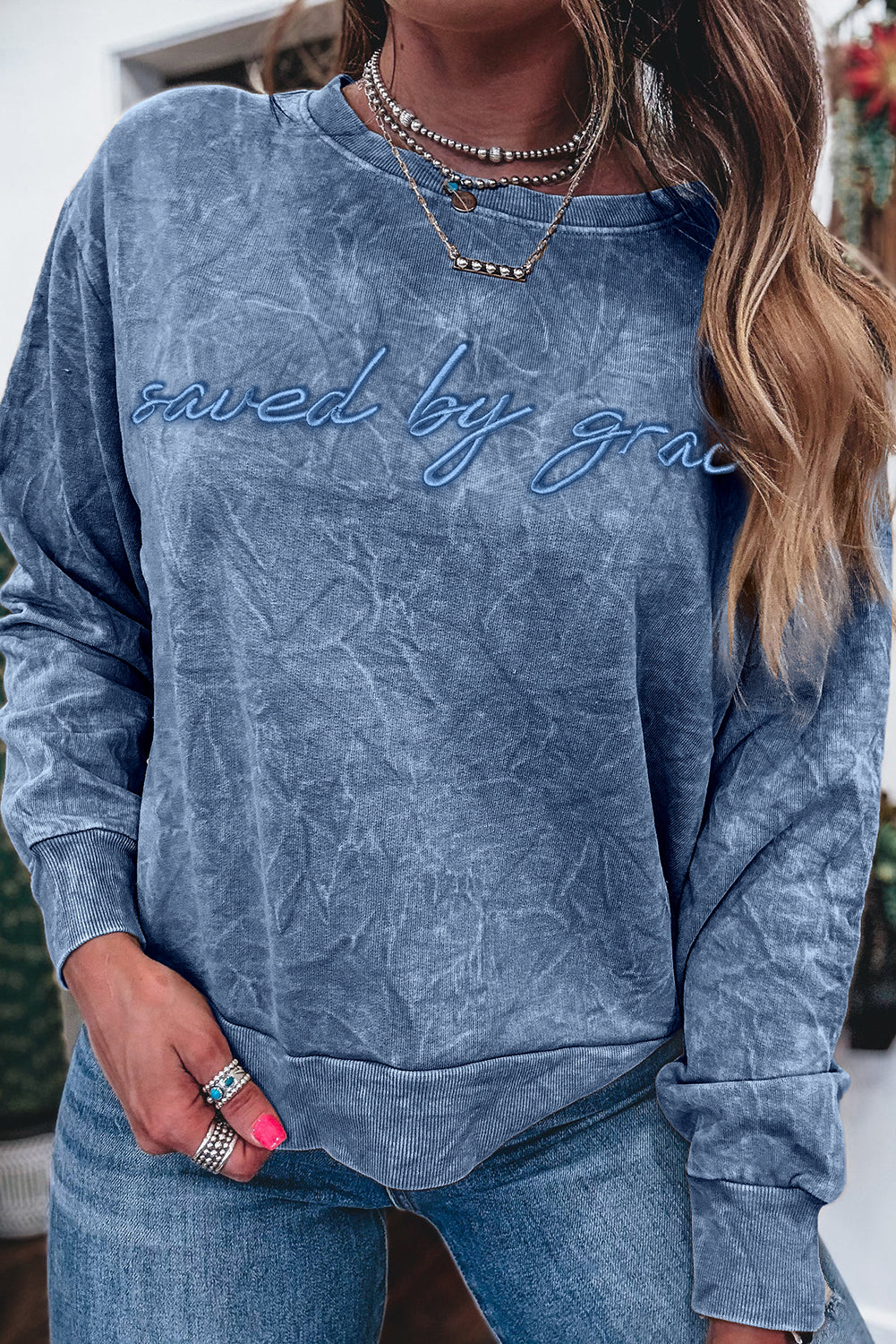 saved by grace Letter Mineral Wash Loose Sweatshirt