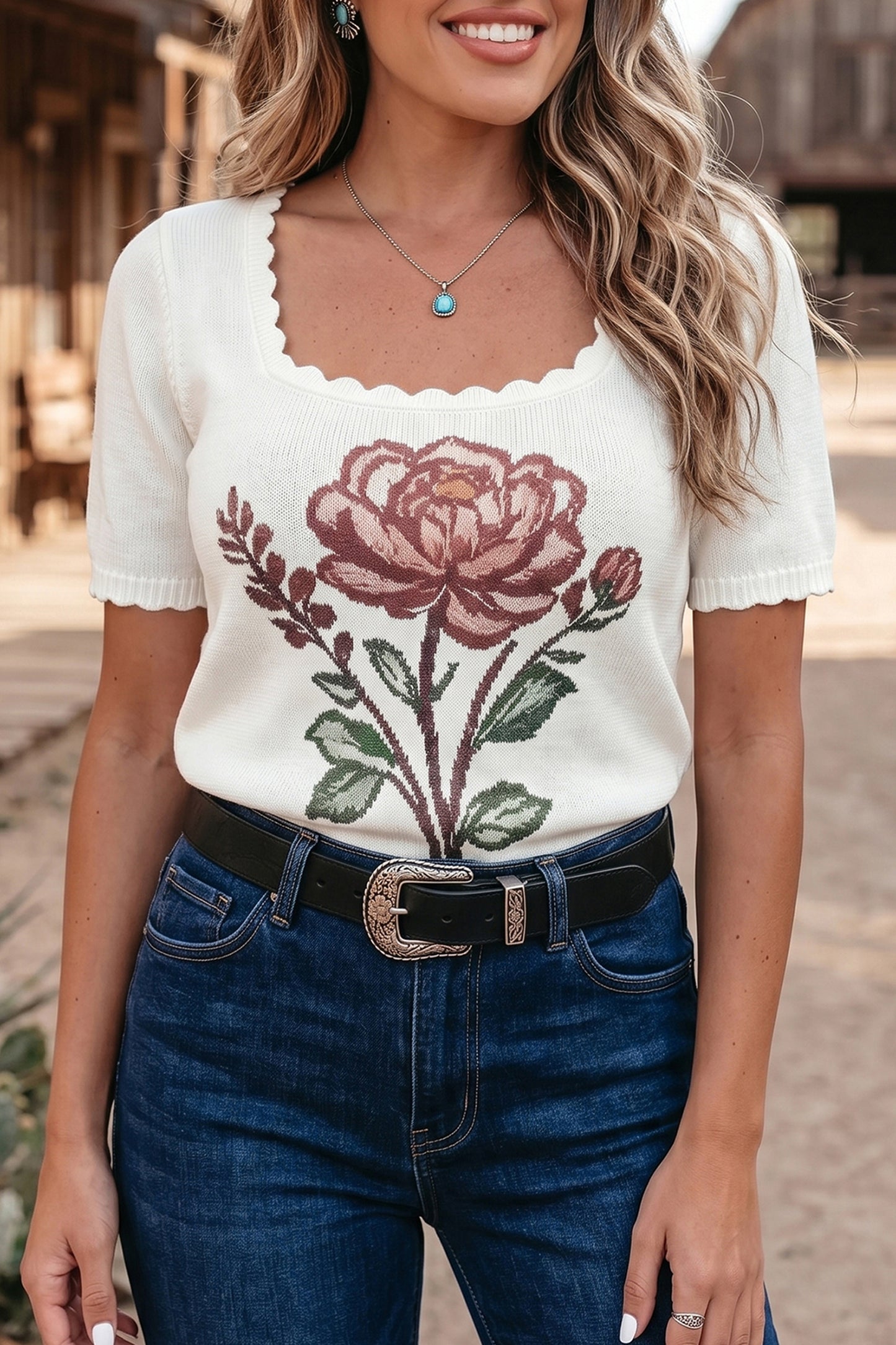 Floral Short Sleeve Knit Sweater