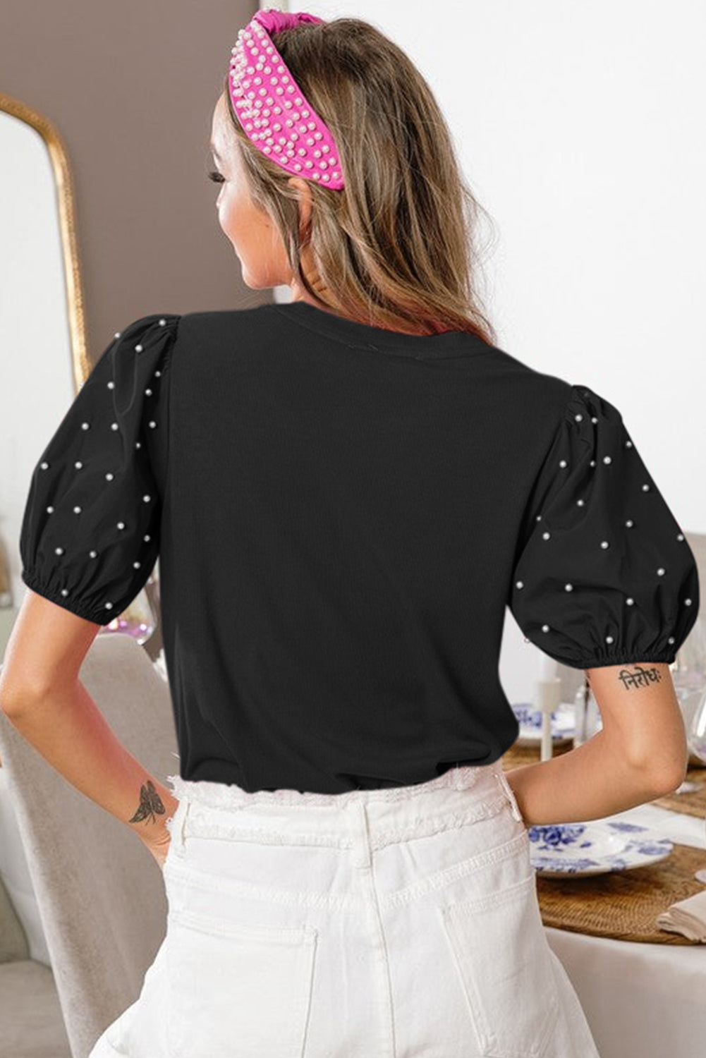 Ribbed & Pearl Puff Sleeve Top
