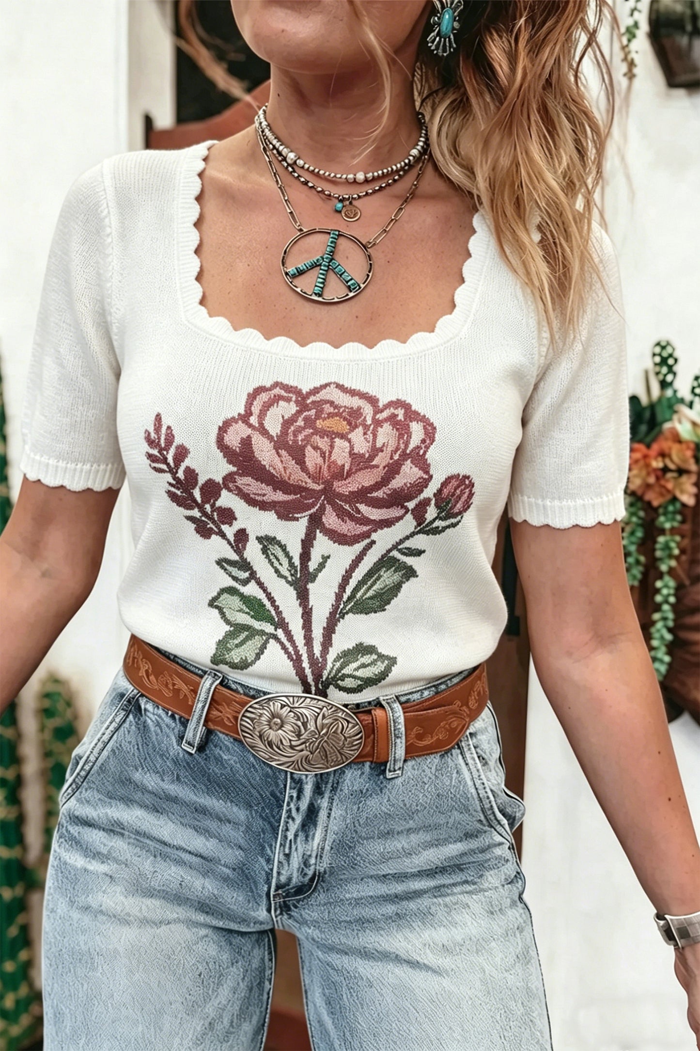 Floral Short Sleeve Knit Sweater