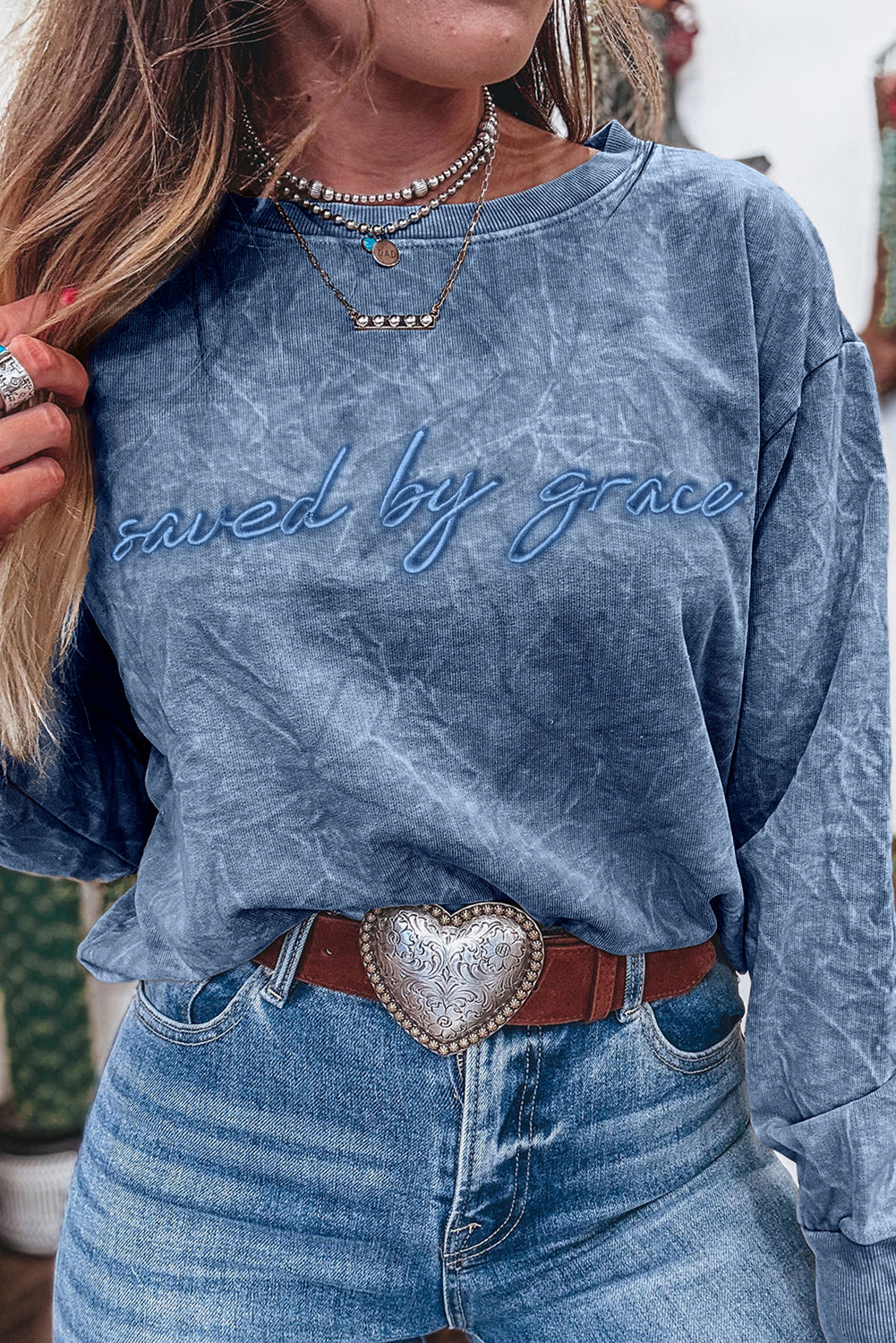 saved by grace Letter Mineral Wash Loose Sweatshirt