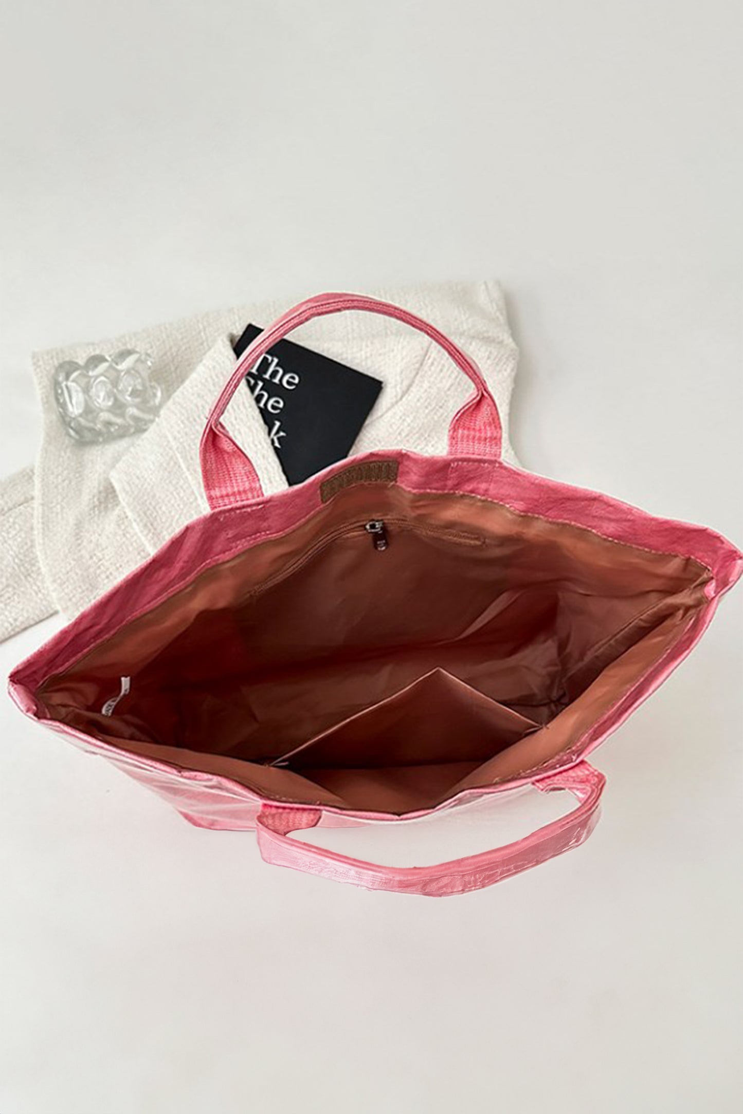 Color black Glossy Striped Vinyl Large Tote Bag (Color Varied)