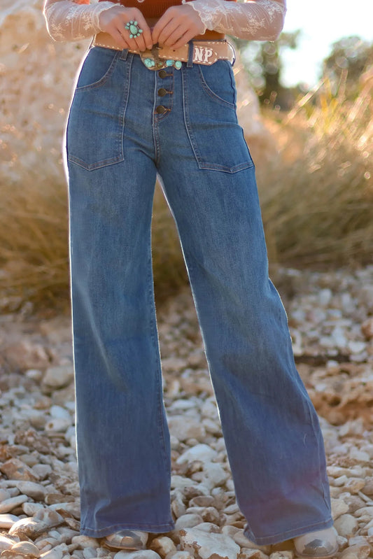 Multi Buttons High Waist Wide Leg Jeans