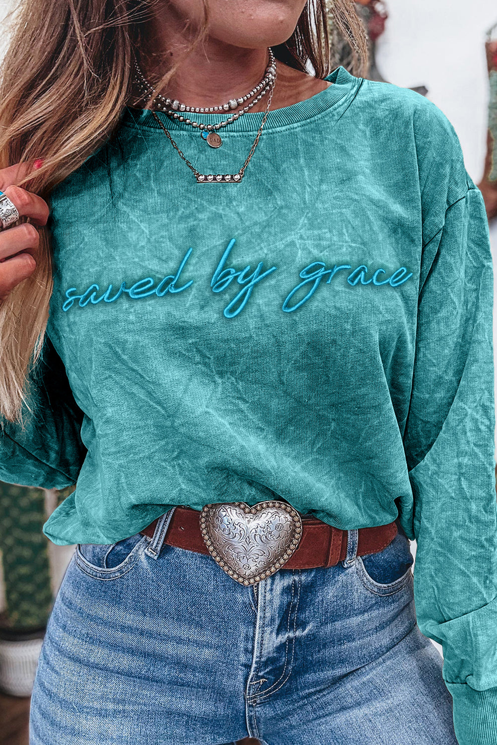 saved by grace Letter Mineral Wash Loose Sweatshirt
