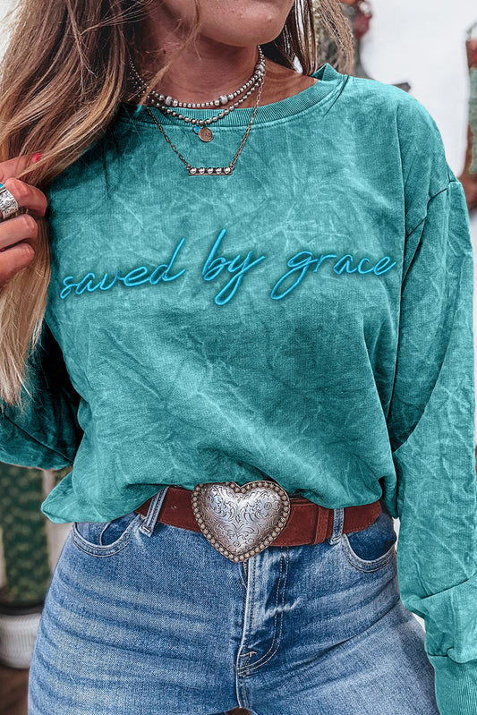 saved by grace Letter Mineral Wash Loose Sweatshirt