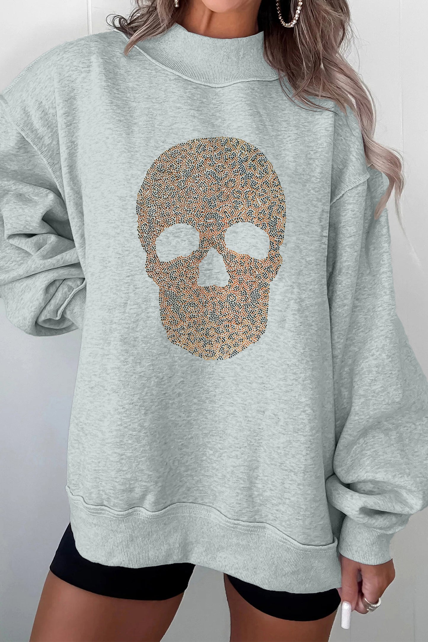 Rhinestone Skull Graphic Mock Neck Baggy Pullover Sweatshirt
