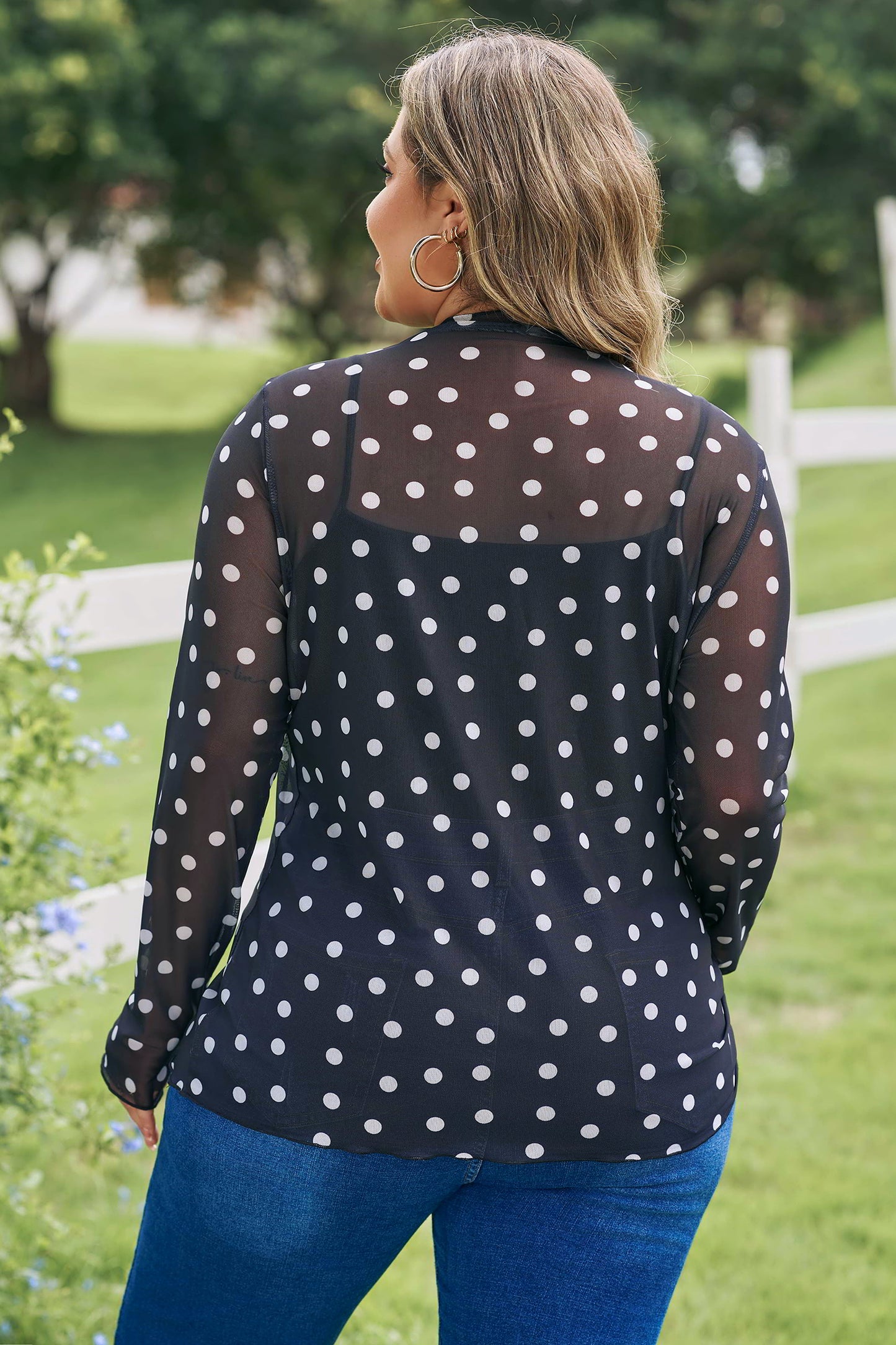 Mock Neck Polka Dot Long Sleeve Mesh Top