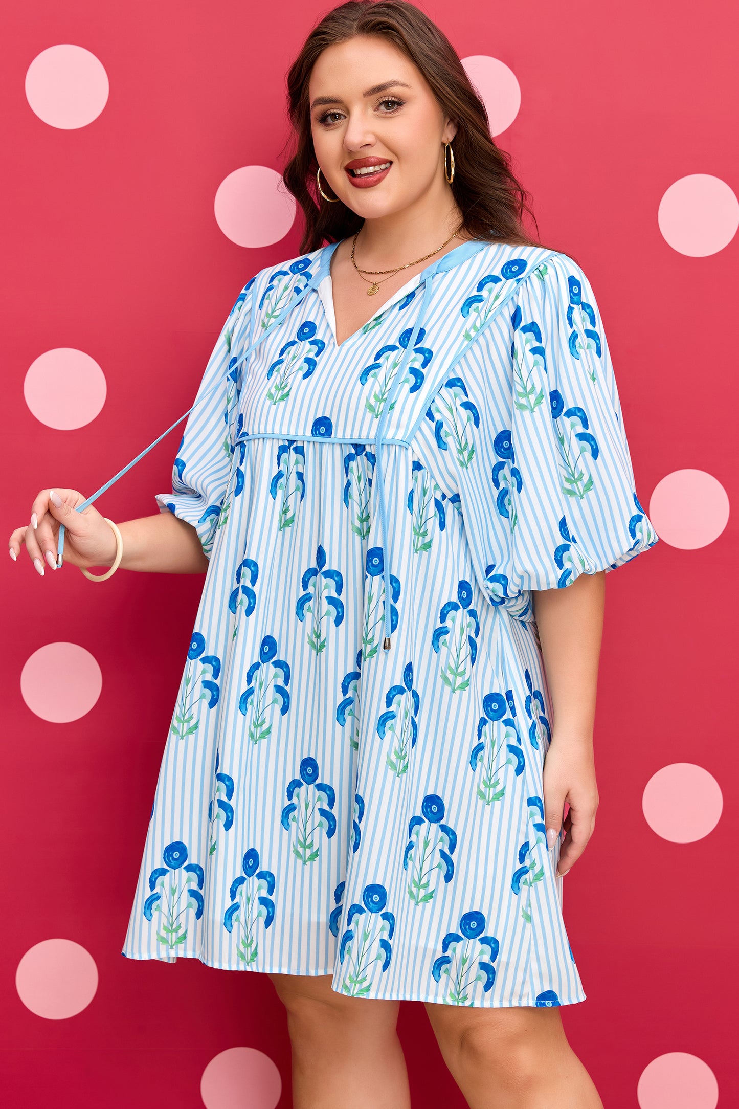 Floral Striped Bubble Short Sleeve Plus Size Dress