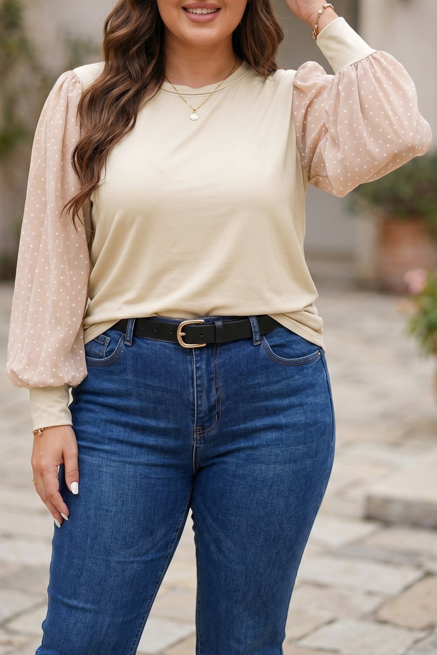Polka Dot Long Sleeve Round Neck Plus Size Blouse