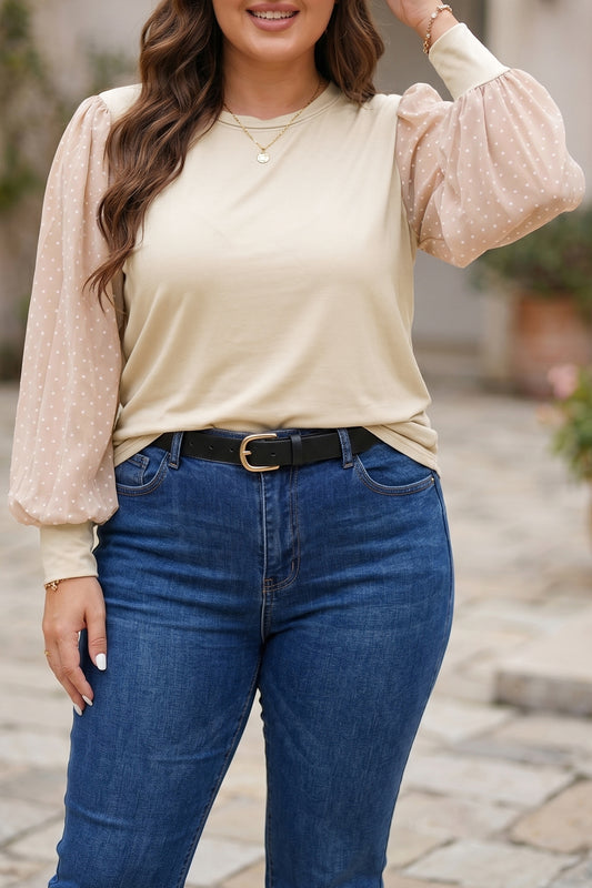 Polka Dot Long Sleeve Round Neck Plus Size Blouse