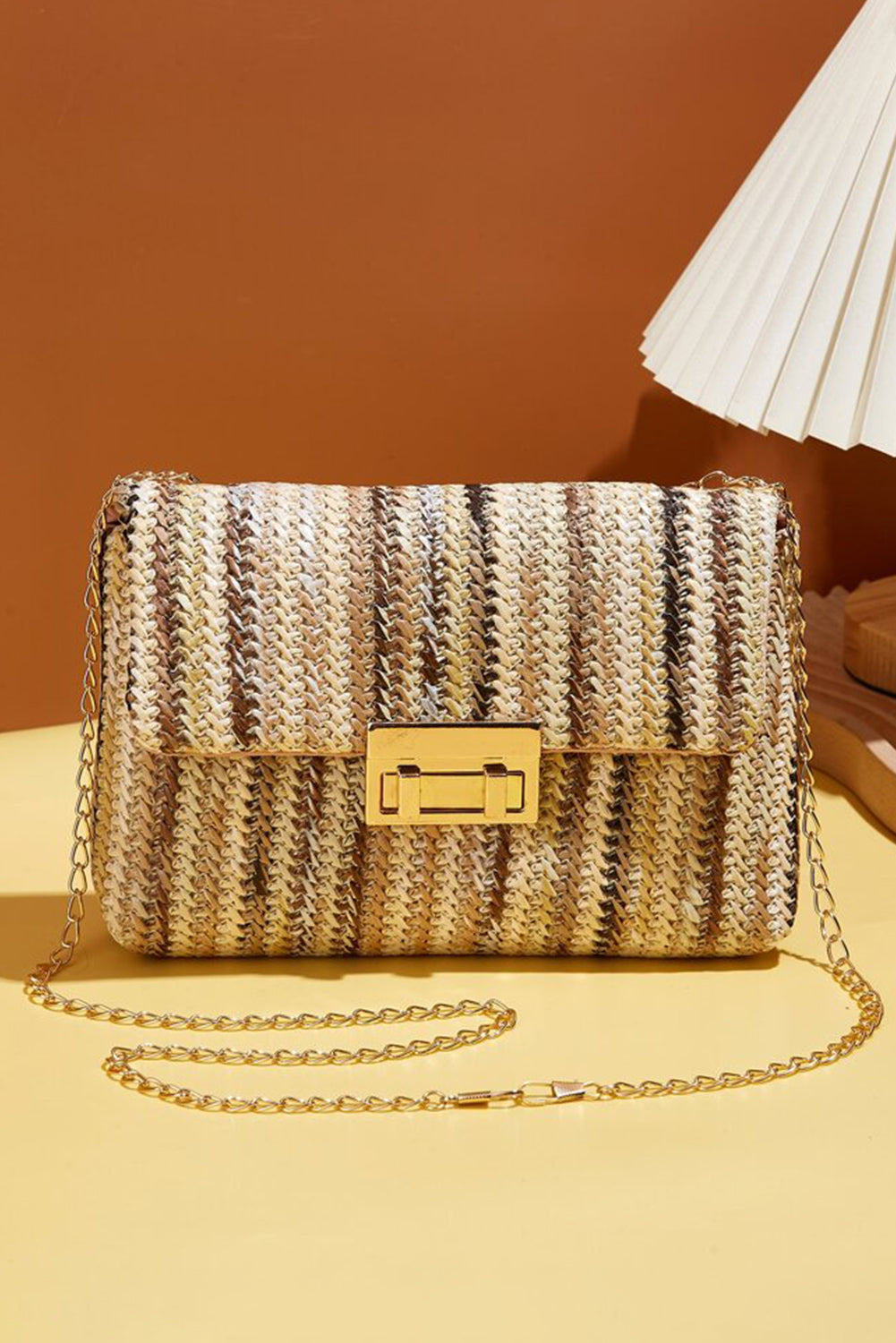 Camel Straw Plaited Gold Chain Clasp Closure Single Shoulder Bag