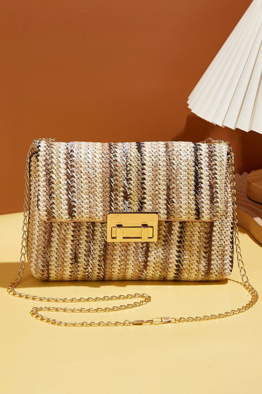 Camel Straw Plaited Gold Chain Clasp Closure Single Shoulder Bag