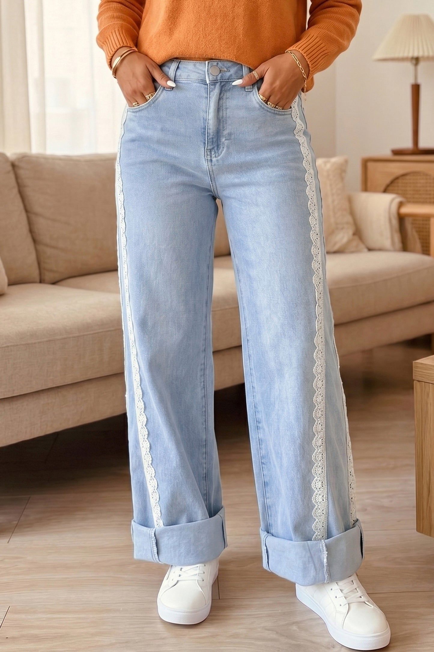Lace Trim  Full-Length Regular Fit Jeans