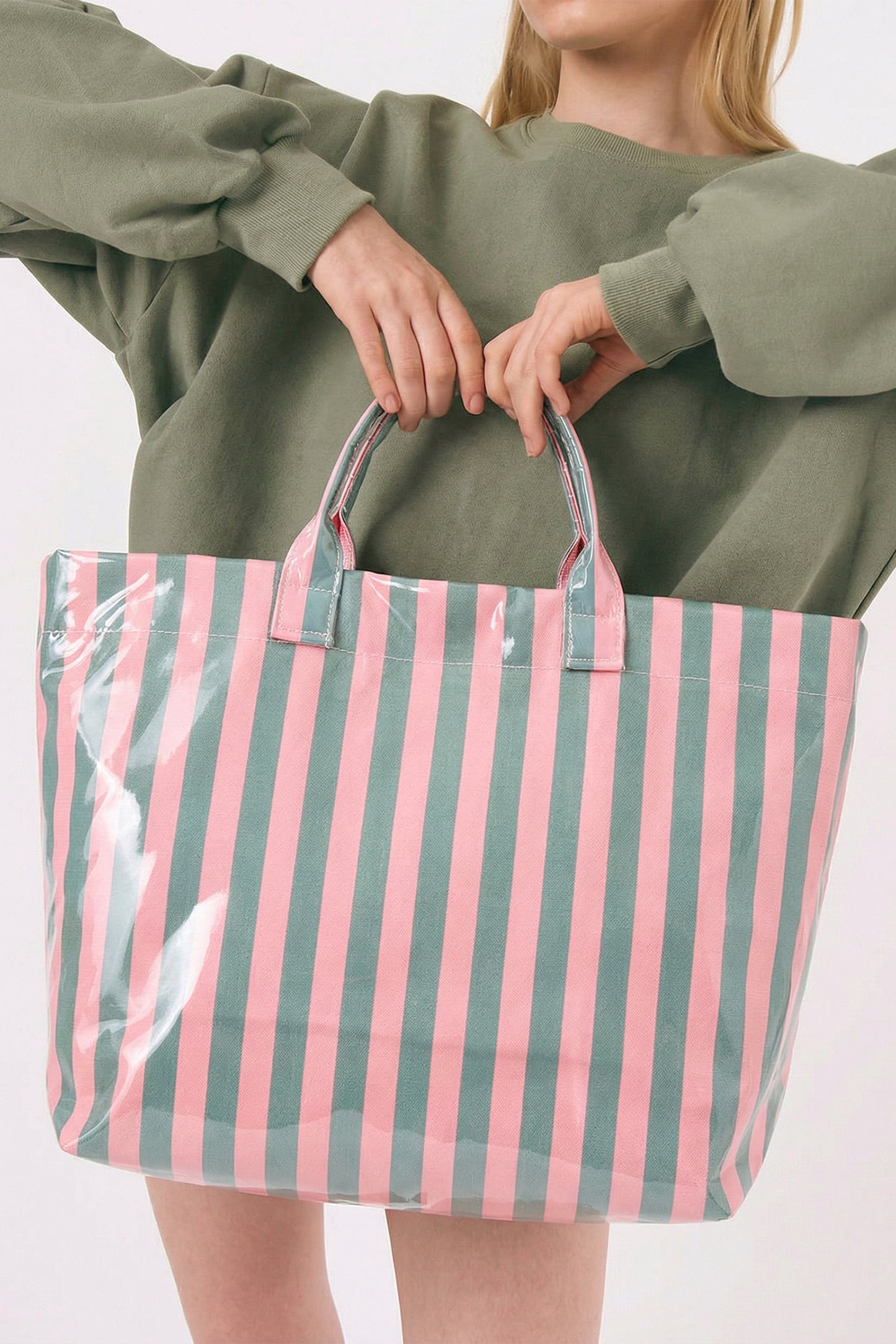 Color black Glossy Striped Vinyl Large Tote Bag (Color Varied)