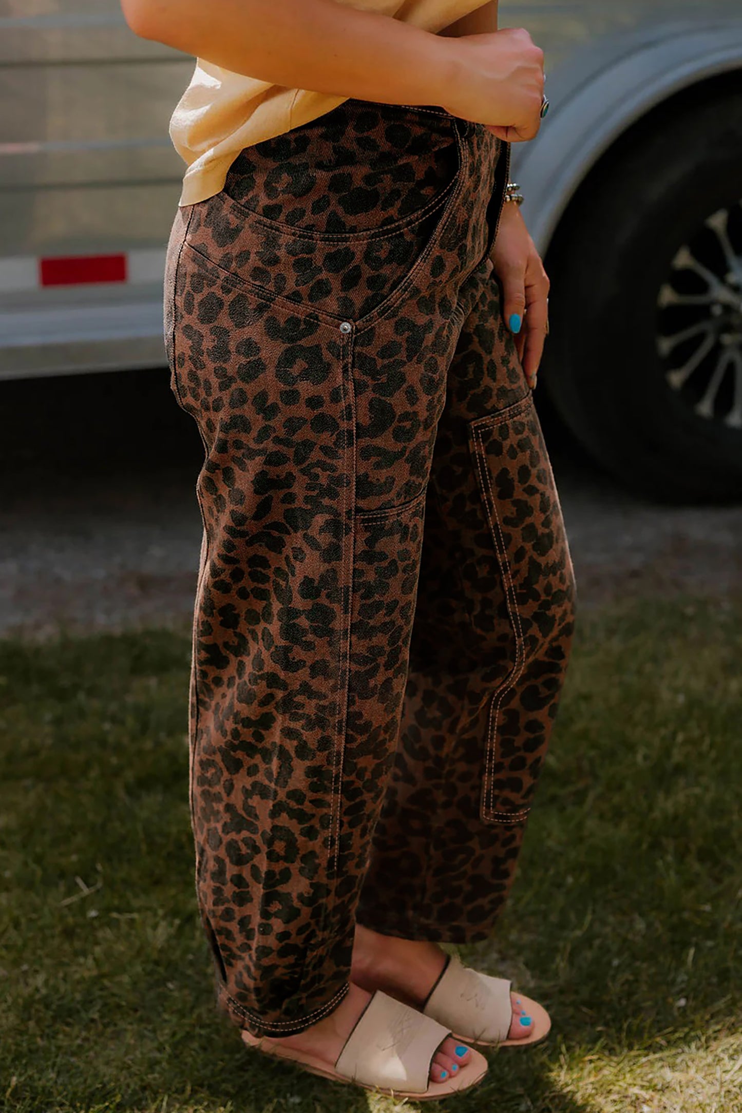 Patchwork Leopard Print Barrel Jeans