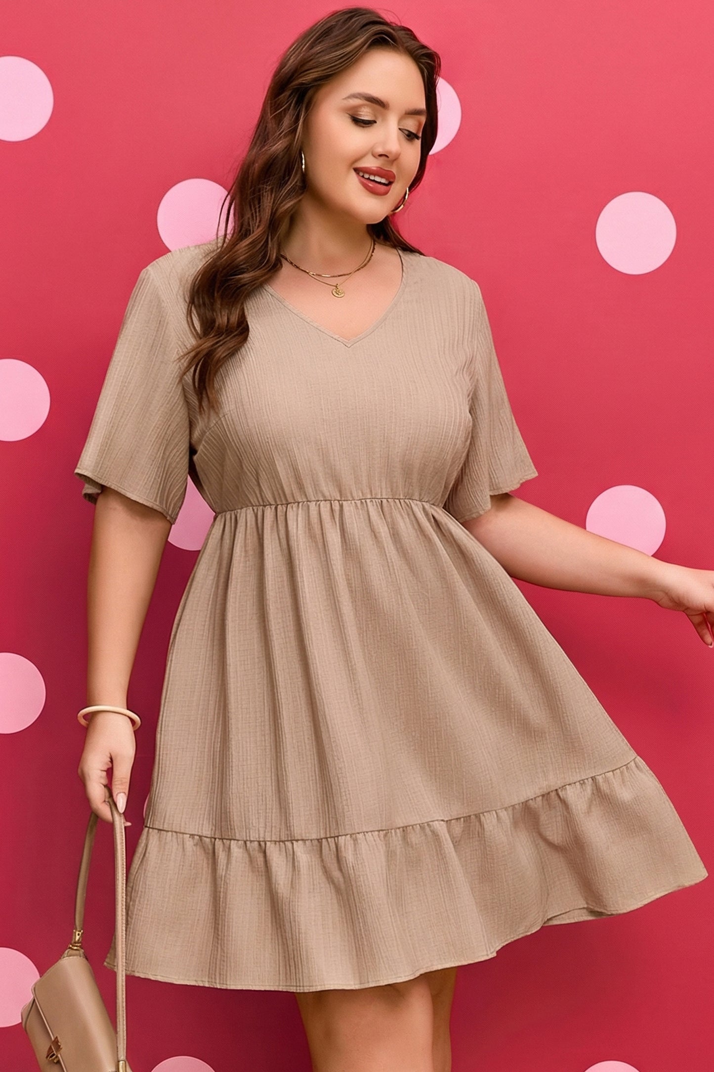 Plus Size Textured Ruffled Short Sleeve Dress