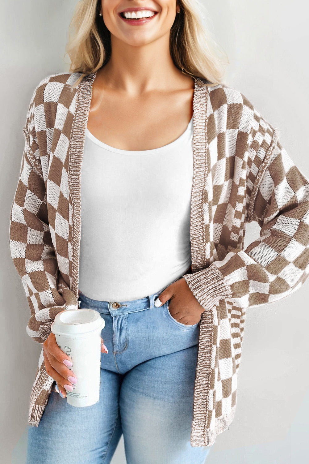 Checkered Bubble Sleeve Drop Shoulder Open Cardigan
