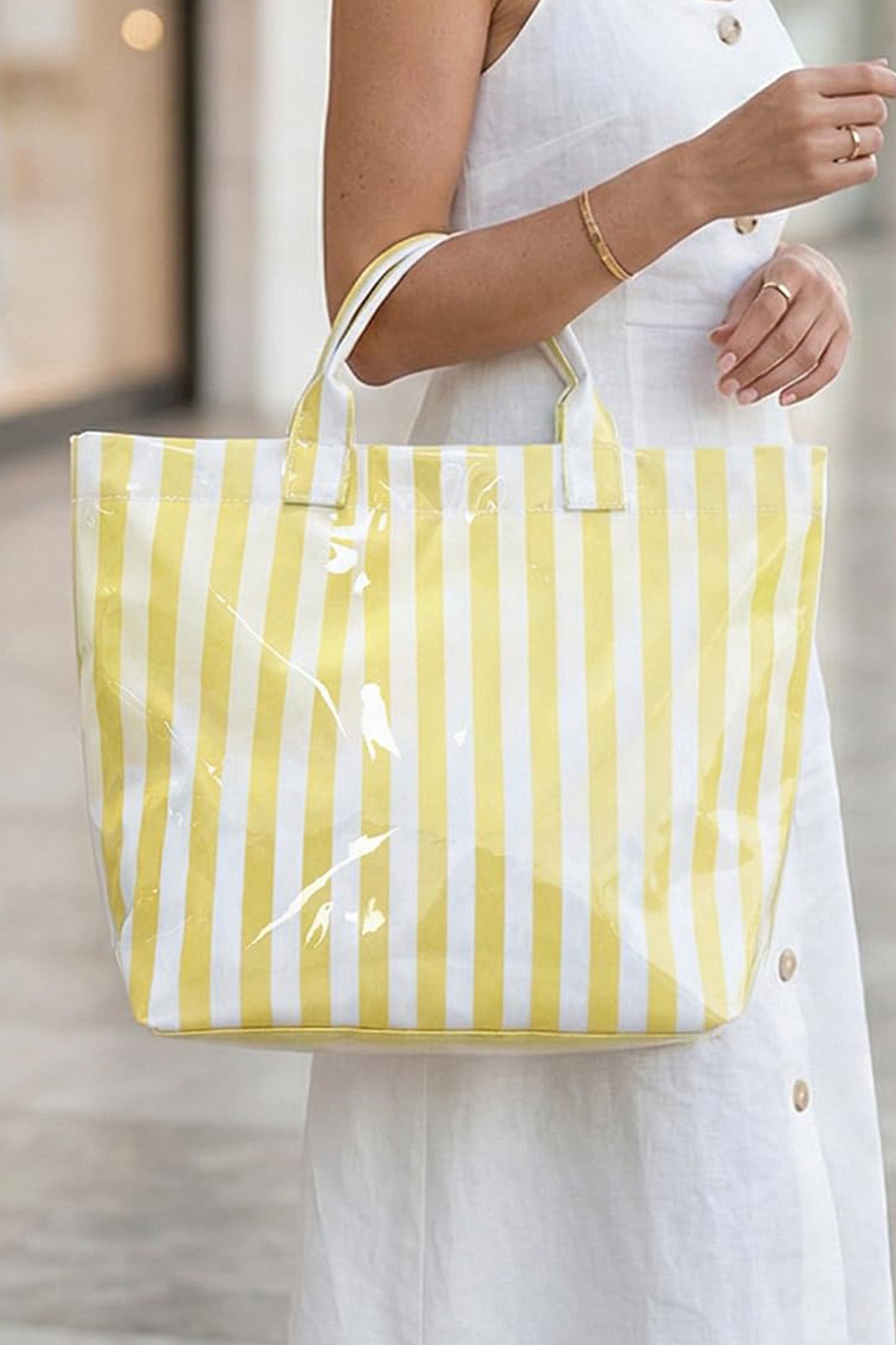 Color black Glossy Striped Vinyl Large Tote Bag (Color Varied)