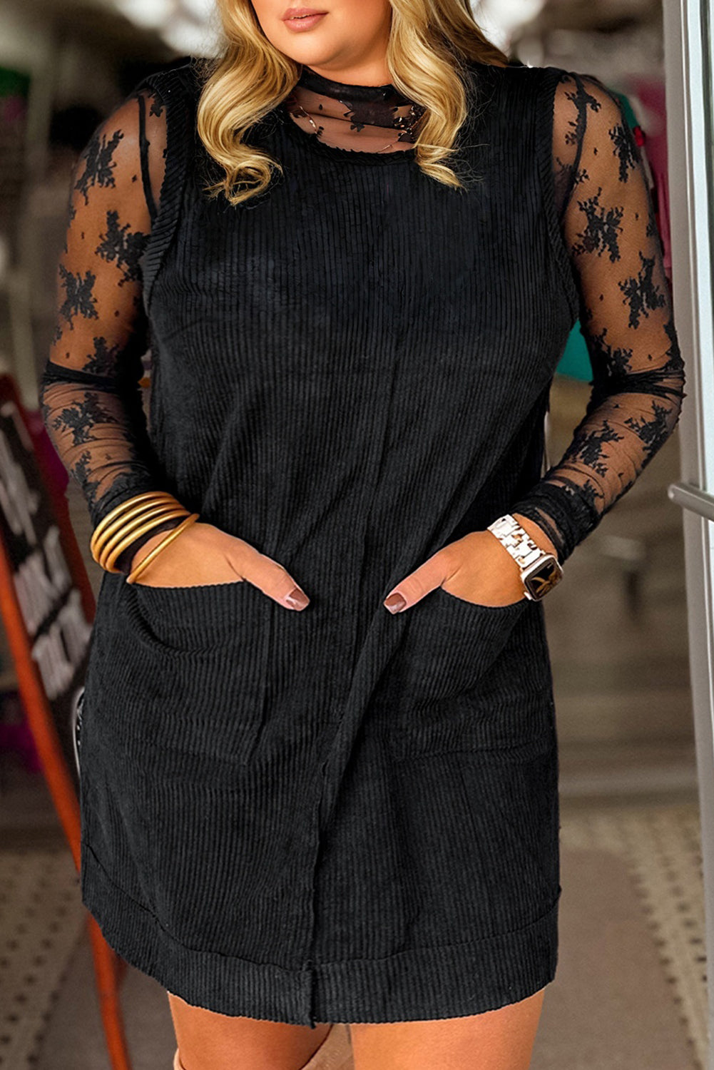 Corduroy Patch Pocket Sleeveless Mini Dress