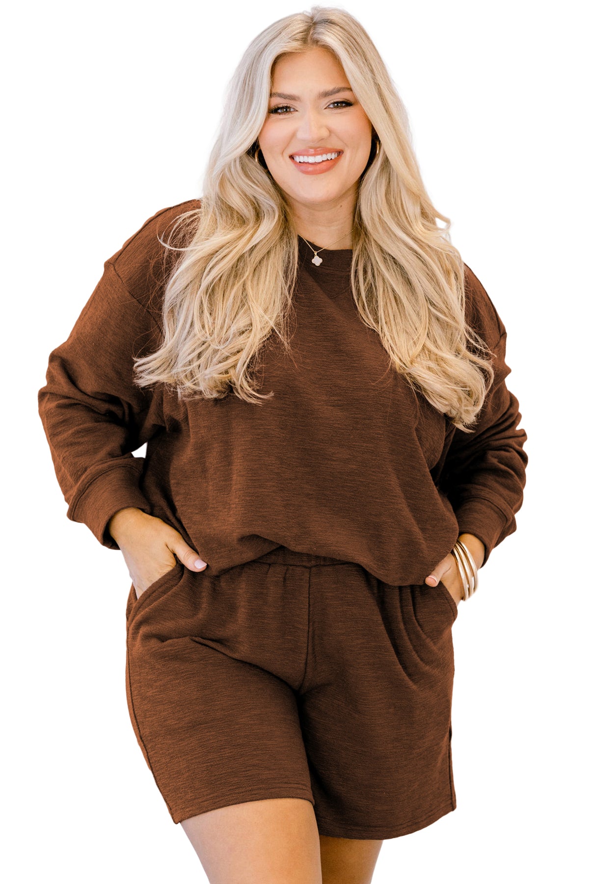 Long Sleeve Top Elastic Waist Shorts Plus Size Set