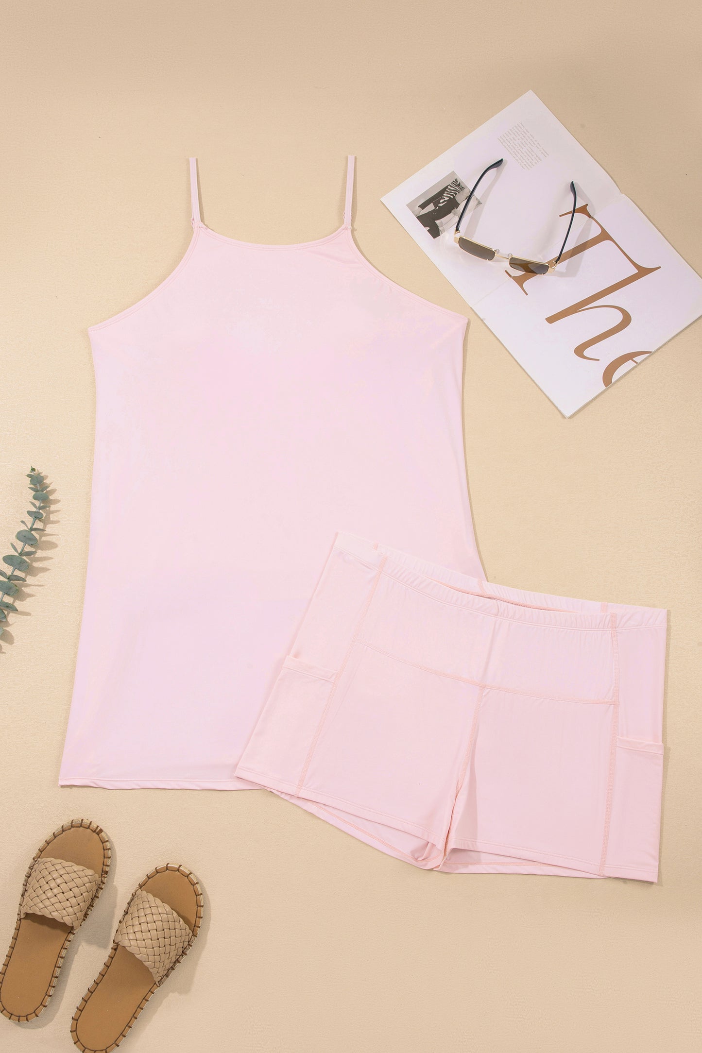 Pink Plus Size Build-in Shorts Sleeveless Dress  Two Piece Set