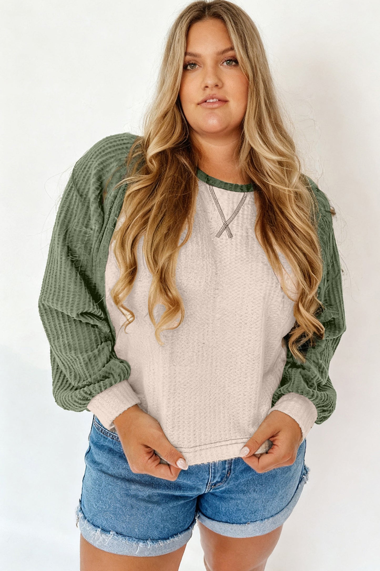 Waffled Color Block Long Sleeve Top