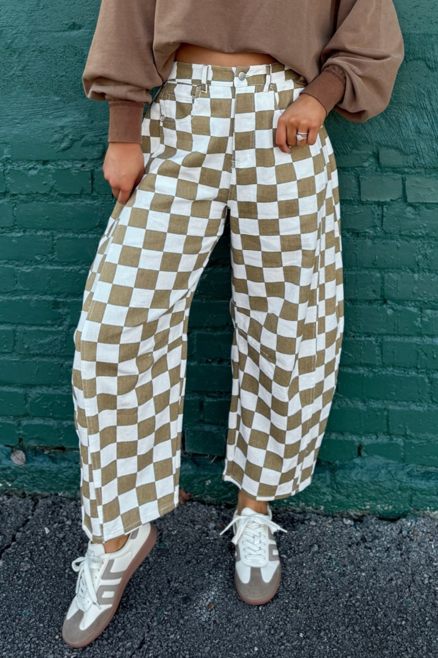 Checkered Denim Barrel Pants