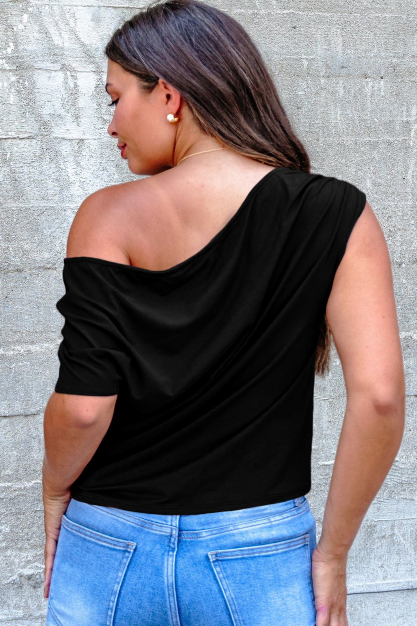 Plus Size Color Asymmetric Neck Short Sleeve Blouse